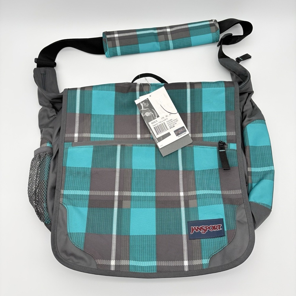 JanSport Elefunk Messenger Bag Blue Gray Plaid Laptop Bag 28.7L New